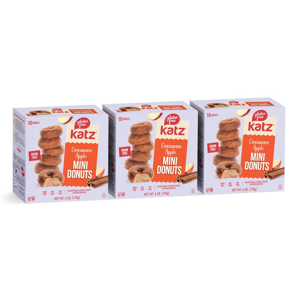 Katz Gluten Free Mini Cinnamon Apple Donuts. Fresh Baked Donuts Made With Apple Chunks and Dusted In Cinnamon Sugar. Grain Free. Tree Nut Free, Peanut Free. Kosher. 10 Donuts. 6.0 oz. (Pack of 3)