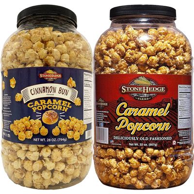 Stonehedge Farms Caramel & Cinnamon Bun Flavored Popcorn Variety Pack | 30 oz Tub (Pack of 2) | Perfect for Holidays and Christmas | Bulk Popped Carmel Pop Corn