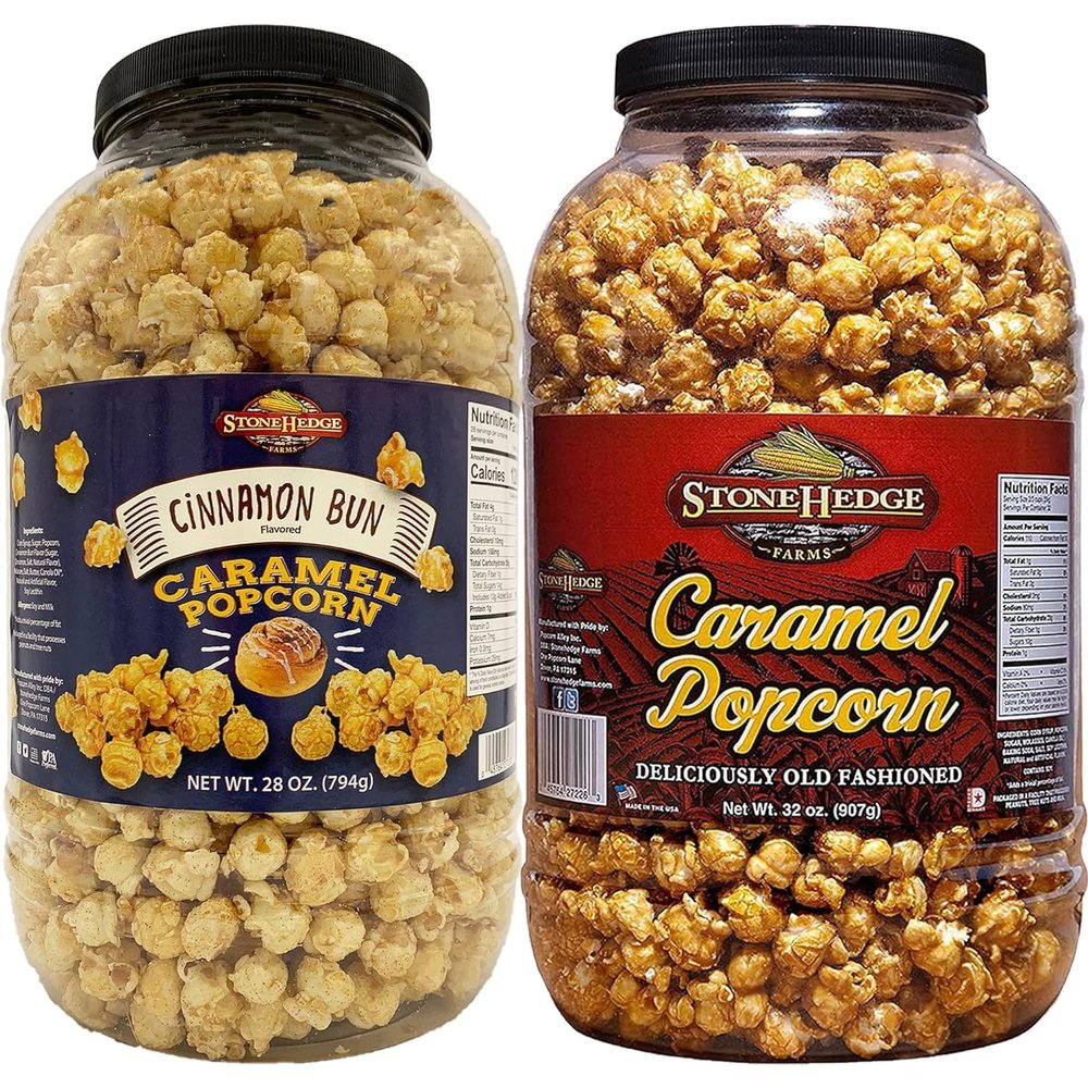 Stonehedge Farms Caramel & Cinnamon Bun Flavored Popcorn Variety Pack | 30 oz Tub (Pack of 2) | Perfect for Holidays and Christmas | Bulk Popped Carmel Pop Corn