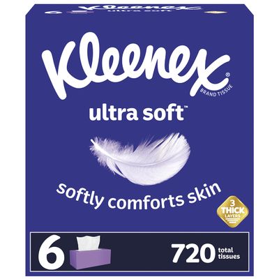 Kleenex Ultra Soft Facial Tissues, Soft Facial Tissue, 6 Flat Boxes, 120 Tissues per Box, 3-Ply (720 Total Tissues)