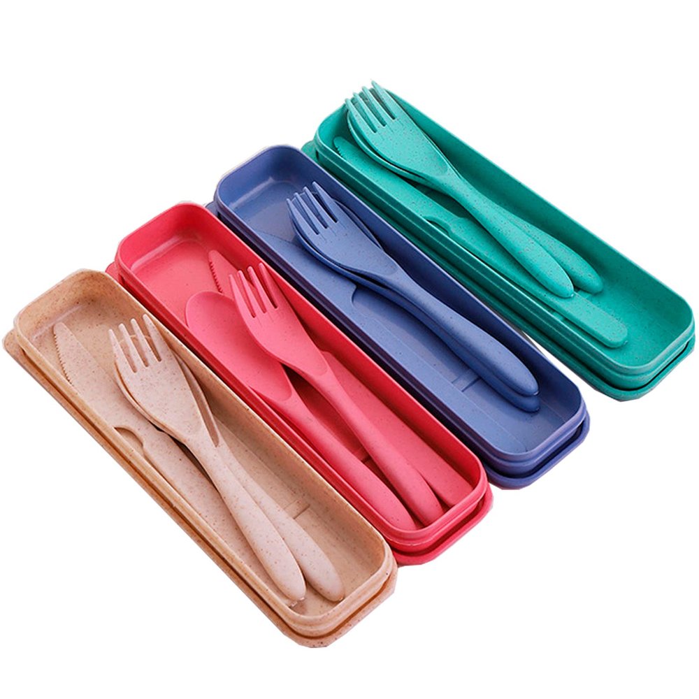 Travel Utensils with Case, 4 Pack Reusable Utensils Set with Case Wheat Straw Plastic Portable Utensils Set for Lunch, Travel Cutlery Set Plastic Silverware