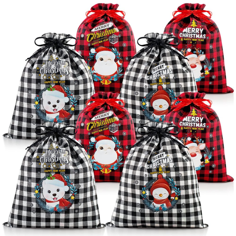 8 Pack Assorted Sizes Gift Bags With Drawstring - Buffalo Plaid and Christmas Patterns - Xmas Plaid Burlap Wrapping and Storage Bags