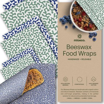 Mioeco Organic Beeswax Wrap for Food - Assorted 6 Pack Cotton Bees Wrap - Reusable Beeswax Food Wrap - Made from Natural Ingredients Coral - 6 Pieces - Beeswax Coated Cloth Wraps - Beeswax Wraps
