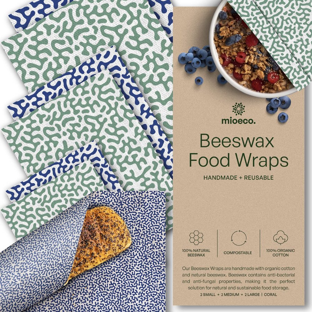 Mioeco Organic Beeswax Wrap for Food - Assorted 6 Pack Cotton Bees Wrap - Reusable Beeswax Food Wrap - Made from Natural Ingredients Coral - 6 Pieces - Beeswax Coated Cloth Wraps - Beeswax Wraps