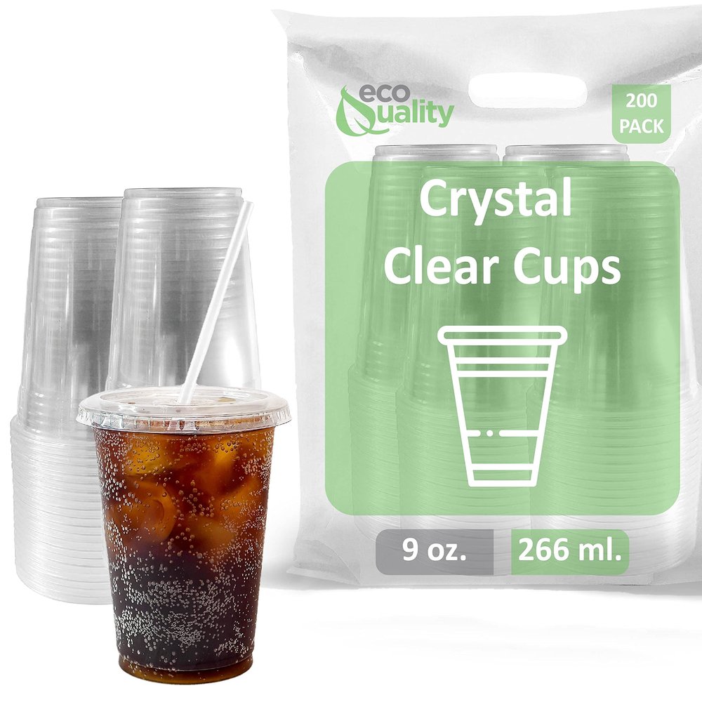 EcoQuality Clear Plastic Disposable Cups with Lids and Straws 200 count - 9 oz (ounces) Clear PET Cup for Smoothies, Protein Shakes, Bubble Tea, Iced Coffee, Boba, Fresh Juice, Meal Prep, Party Cup