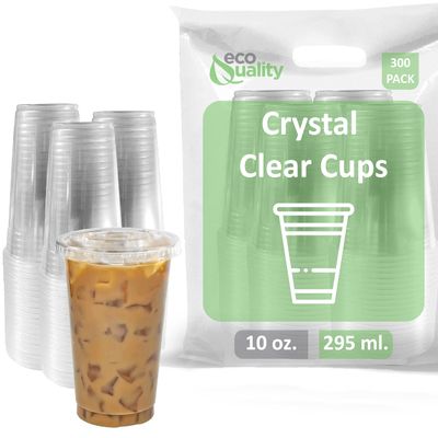 [300 COUNT] 10 oz Clear Plastic Disposable PET Cups with Lids | Crystal Clear PET Cup | Cold Smoothie | Iced Coffee Go Cups | Ideal for Coffee, Parfait, Juice, Soda, Cocktail, Party Cups (10oz)