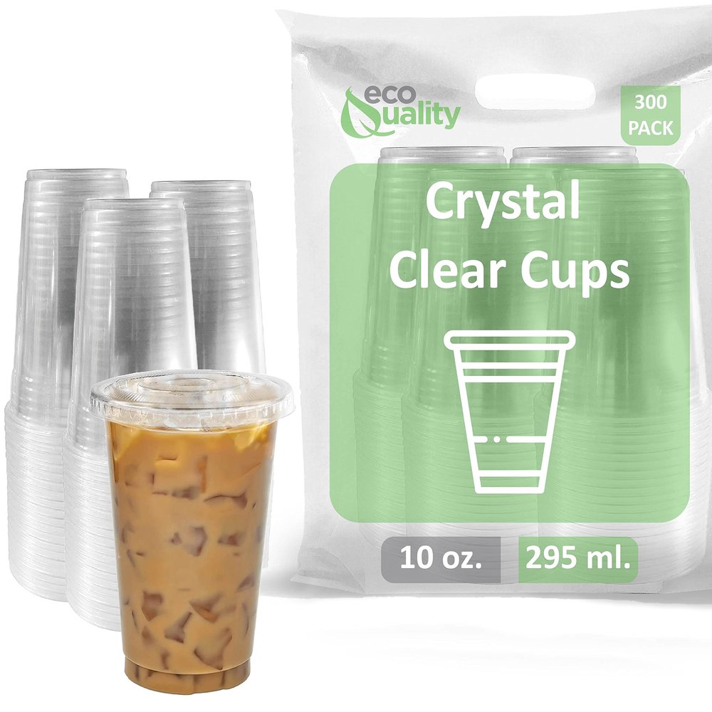 [300 COUNT] 10 oz Clear Plastic Disposable PET Cups with Lids | Crystal Clear PET Cup | Cold Smoothie | Iced Coffee Go Cups | Ideal for Coffee, Parfait, Juice, Soda, Cocktail, Party Cups (10oz)