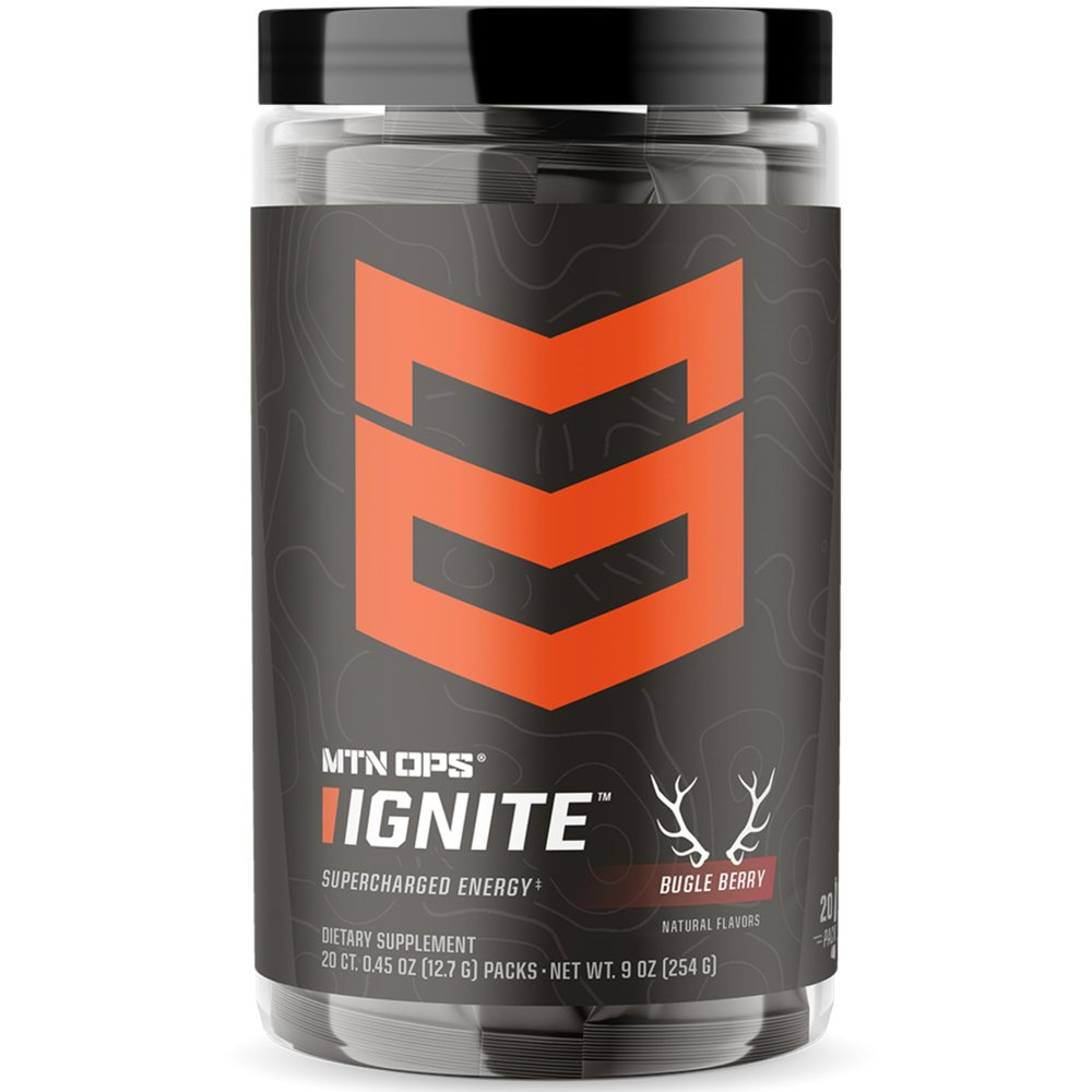 MTN OPS Ignite Trail Packs Energy Drink Powder, Gluten Free Nootropic Supplement Drink Mix, L Arginine, L Citrulline, Caffeine & Nootropic Sugar Free Drink Mix, 20 Servings, Bugle Berry