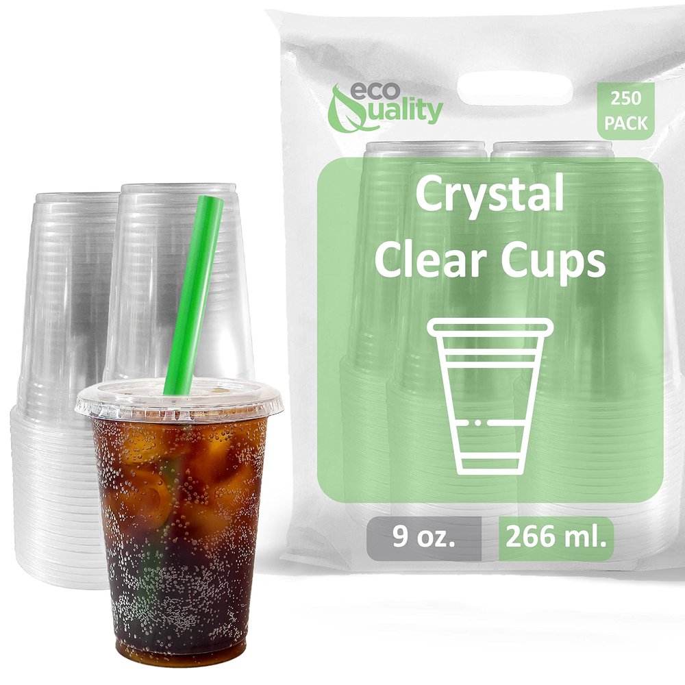 Clear Plastic Disposable Cups with Lids and Smoothie Straws 250 count - 9 oz (ounces) Clear PET Cup for Smoothies, Protein Shakes, Bubble Tea, Iced Coffee, Boba, Fresh Juice, Meal Prep, Party Cup