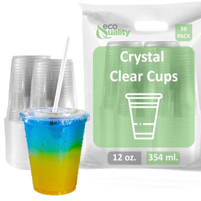 EcoQuality Clear Plastic Disposable Cups with Lids and Straws 50 count - 12 oz (ounces) Clear PET Cup for Smoothies, Protein Shakes, Bubble Tea, Iced Coffee, Boba, Fresh Juice, Meal Prep, Party Cup