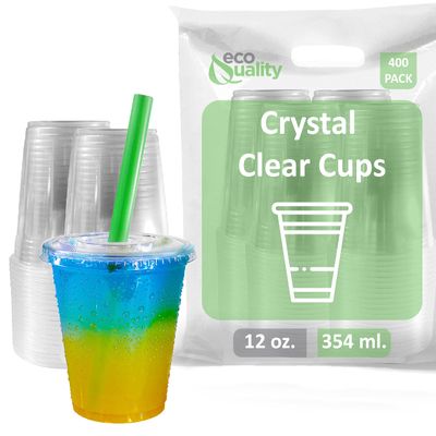 Clear Plastic Disposable Cups with Lids and Smoothie Straws 400 Count - 12 oz (Ounces) Clear PET Cup for Smoothies, Protein Shakes, Bubble Tea, Iced Coffee, Boba, Fresh Juice, Meal Prep, Party Cup