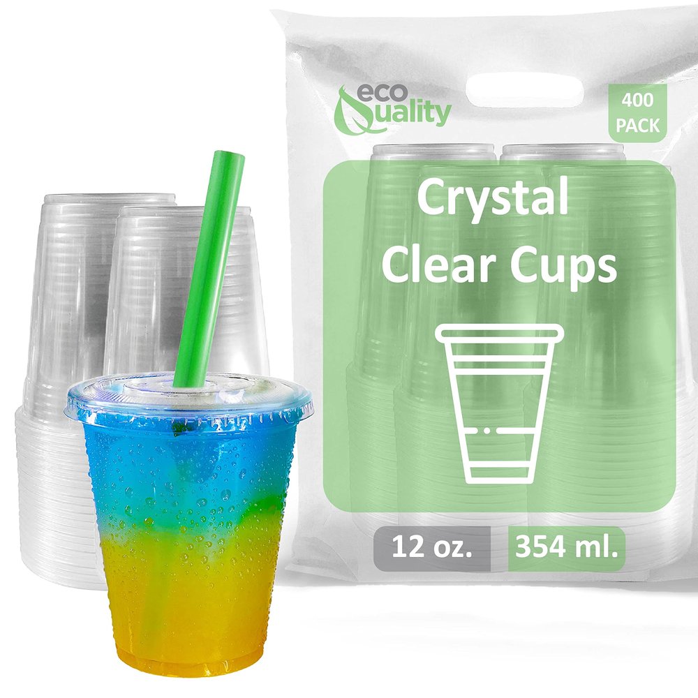Clear Plastic Disposable Cups with Lids and Smoothie Straws 400 Count - 12 oz (Ounces) Clear PET Cup for Smoothies, Protein Shakes, Bubble Tea, Iced Coffee, Boba, Fresh Juice, Meal Prep, Party Cup