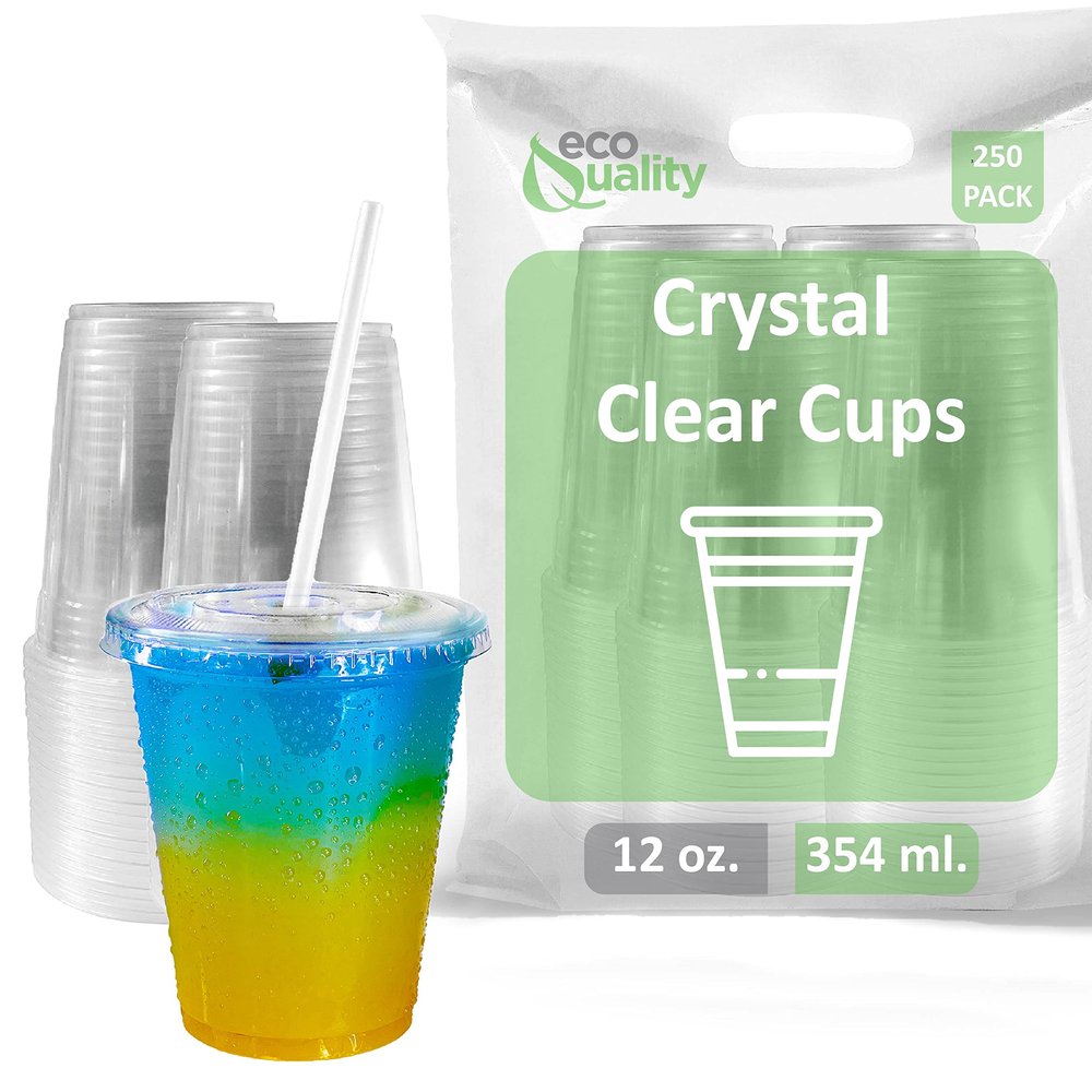 EcoQuality Clear Plastic Disposable Cups with Lids and Straws 250 count - 12 oz (ounces) Clear PET Cup for Smoothies, Protein Shakes, Bubble Tea, Iced Coffee, Boba, Fresh Juice, Meal Prep, Party Cup