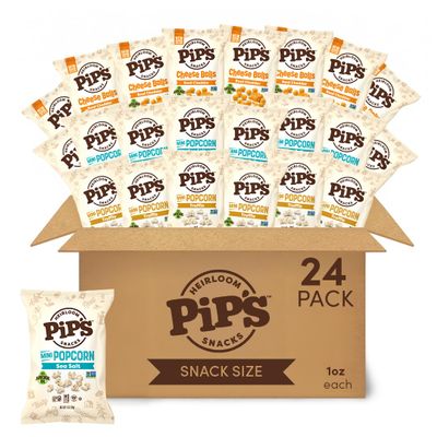 Pips Heirloom Snacks Variety Pack 1 oz Bags (24 pk) Mini Sea Salt Popcorn, Truffle Popcorn & Cheese Balls Individually Wrapped Snack Packs Made With Heirloom Corn & Avocado Oil Seed Oil Free, Gluten Free, Non-GMO