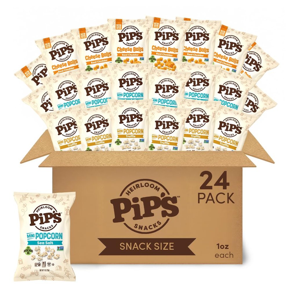 Pips Heirloom Snacks Variety Pack 1 oz Bags (24 pk) Mini Sea Salt Popcorn, Truffle Popcorn & Cheese Balls Individually Wrapped Snack Packs Made With Heirloom Corn & Avocado Oil Seed Oil Free, Gluten Free, Non-GMO