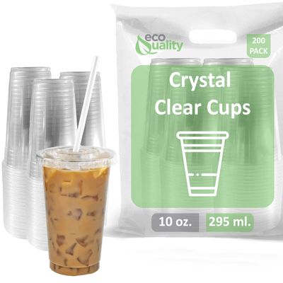 EcoQuality Clear Plastic Disposable Cups with Lids and Straws 200 count - 10 oz (ounces) Clear PET Cup for Smoothies, Protein Shakes, Bubble Tea, Iced Coffee, Boba, Fresh Juice, Meal Prep, Party Cup
