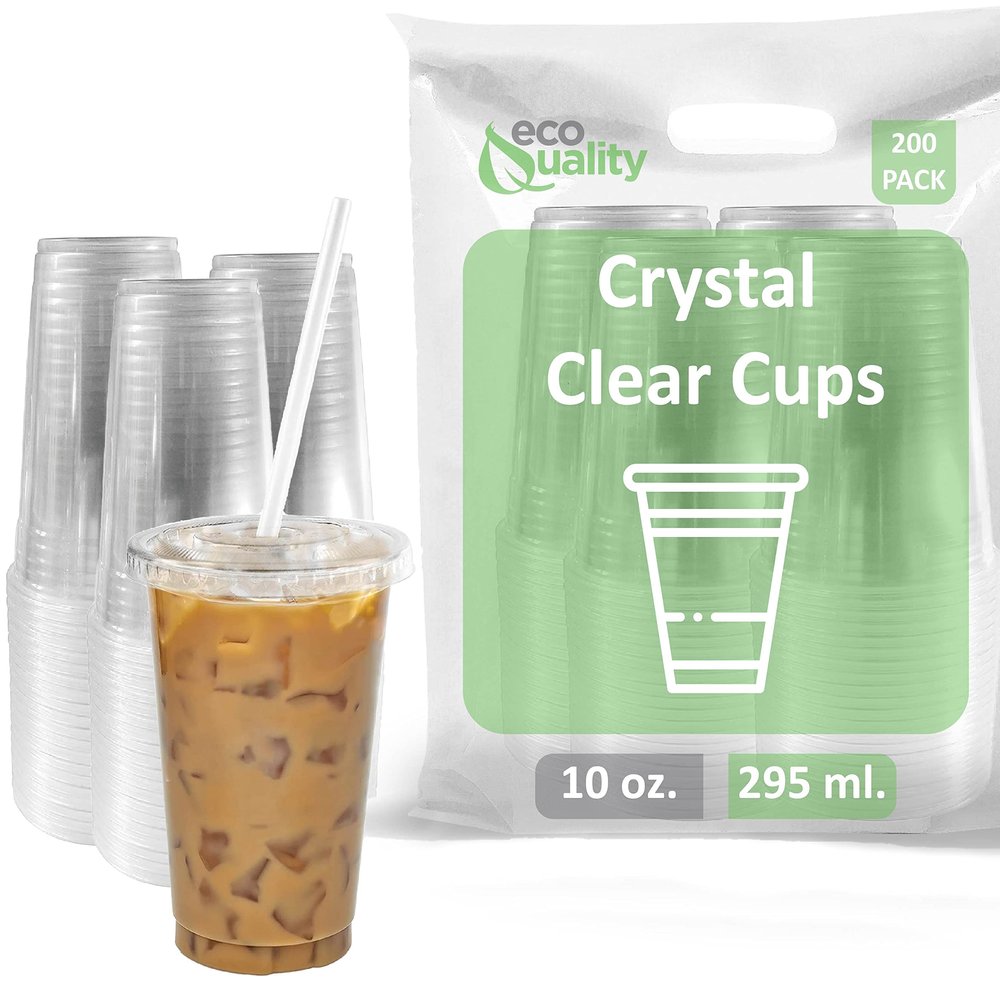 EcoQuality Clear Plastic Disposable Cups with Lids and Straws 200 count - 10 oz (ounces) Clear PET Cup for Smoothies, Protein Shakes, Bubble Tea, Iced Coffee, Boba, Fresh Juice, Meal Prep, Party Cup