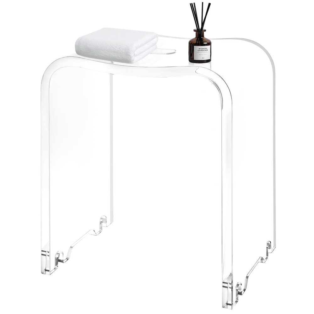 VDGPWA Acrylic Shower Bench,Clear Shower Stool with Curved Seat & Water Leaking Hole,300lbs Weight Capacity Modern Acrylic Seat for Inside Shower
