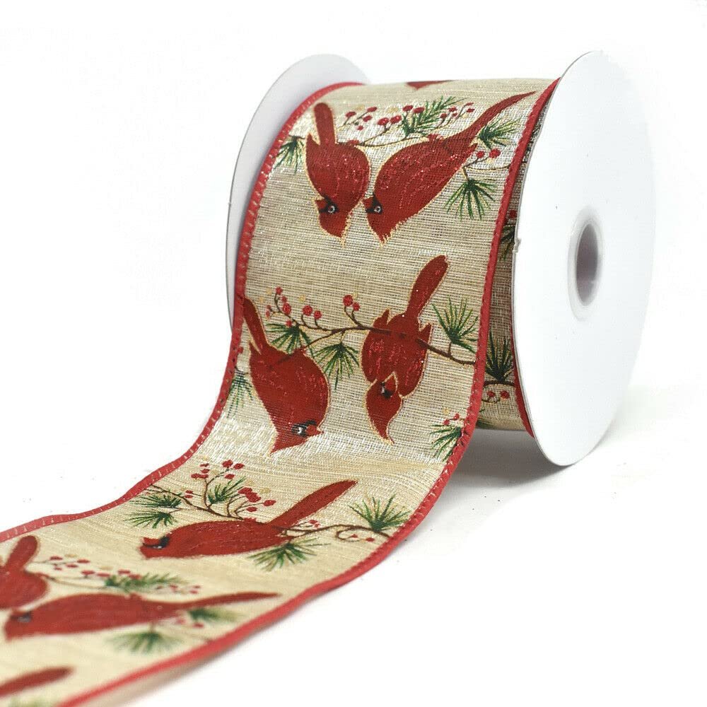 Cardinals Wood Grain Linen Wired Edge Linen Christmas Ribbon, Natural, 2-1/2-Inc
