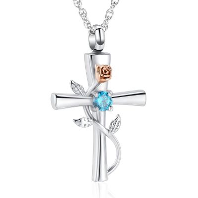 BIAIHQIE Cremation Urn Necklace Cross Rose Flower Inlaid Crystal Pendant for Memorial Human/Pet Ashes Funeral Keepsake Jewelry,1