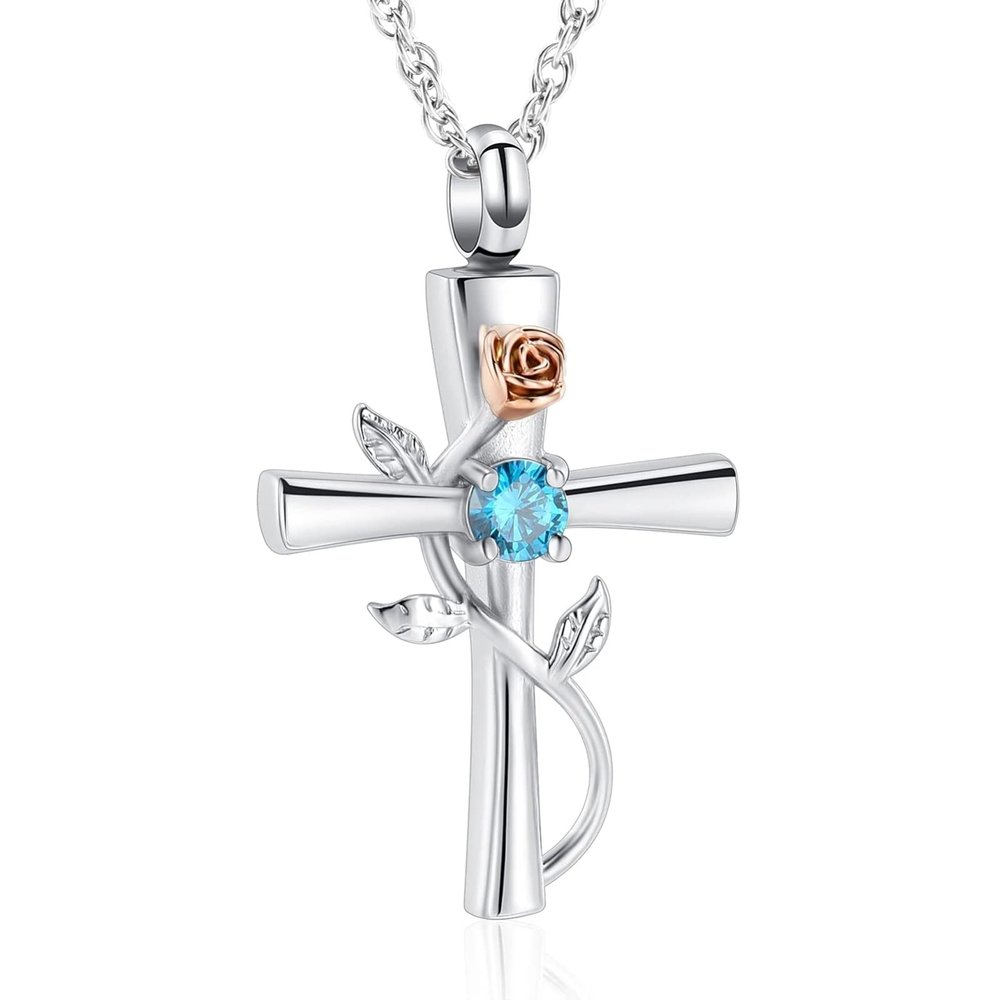 BIAIHQIE Cremation Urn Necklace Cross Rose Flower Inlaid Crystal Pendant for Memorial Human/Pet Ashes Funeral Keepsake Jewelry,1
