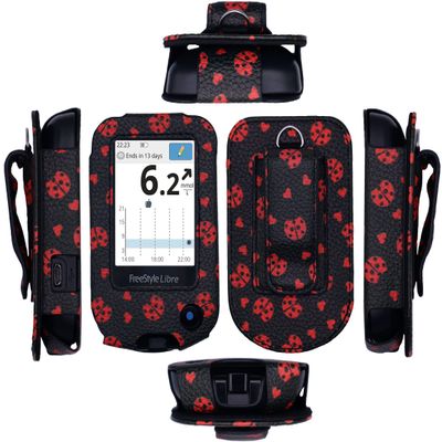 Premium Fitted Leather Case with Screen Protector, Belt Clip, Carabiner (Including a Neck Lanyard) for Freestyle Libre 2/14 Day (Black/Lady Bug)