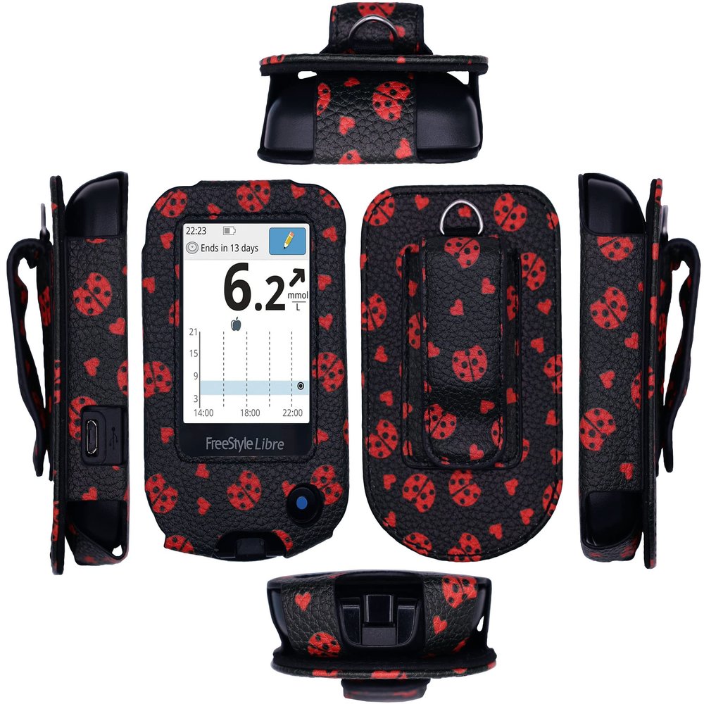 Premium Fitted Leather Case with Screen Protector, Belt Clip, Carabiner (Including a Neck Lanyard) for Freestyle Libre 2/14 Day (Black/Lady Bug)