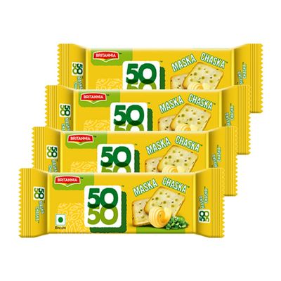 Britannia Crackers 50 50 Maska Chaska Biscuit 2.19oz (62g) - Dipped in Butter and Peppered - Delicious, Light & Crispy Cookies (Pack of 4)
