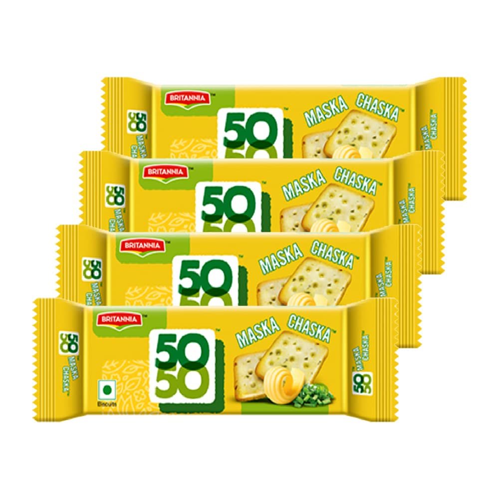 Britannia Crackers 50 50 Maska Chaska Biscuit 2.19oz (62g) - Dipped in Butter and Peppered - Delicious, Light & Crispy Cookies (Pack of 4)