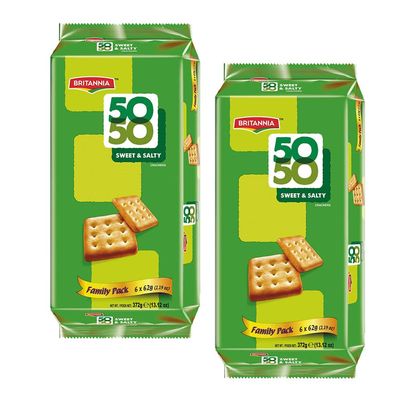 BRITANNIA Crackers 50 50 Sweet and Salty Biscuit 13.12oz (372g) - Delicious, Light & Crispy Grocery Cookies - Best Treat for Friends & Family (Pack of 2)
