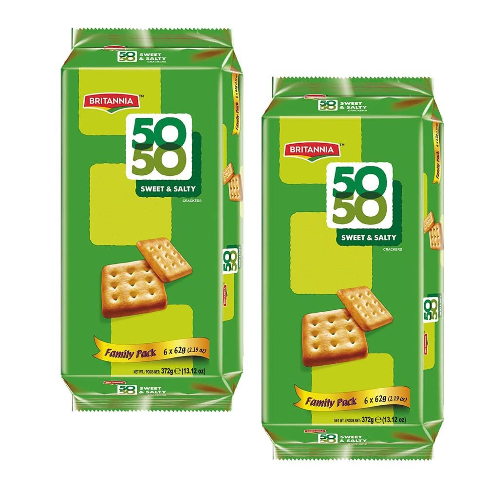 BRITANNIA Crackers 50 50 Sweet and Salty Biscuit 13.12oz (372g) - Delicious, Light & Crispy Grocery Cookies - Best Treat for Friends & Family (Pack of 2)