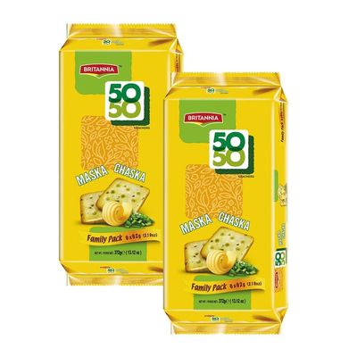 BRITANNIA Crackers 50 50 Maska Chaska Biscuit 13.12oz (372g) - Dipped in Butter and Peppered - Delicious, Light & Crispy Cookies (Pack of 2)