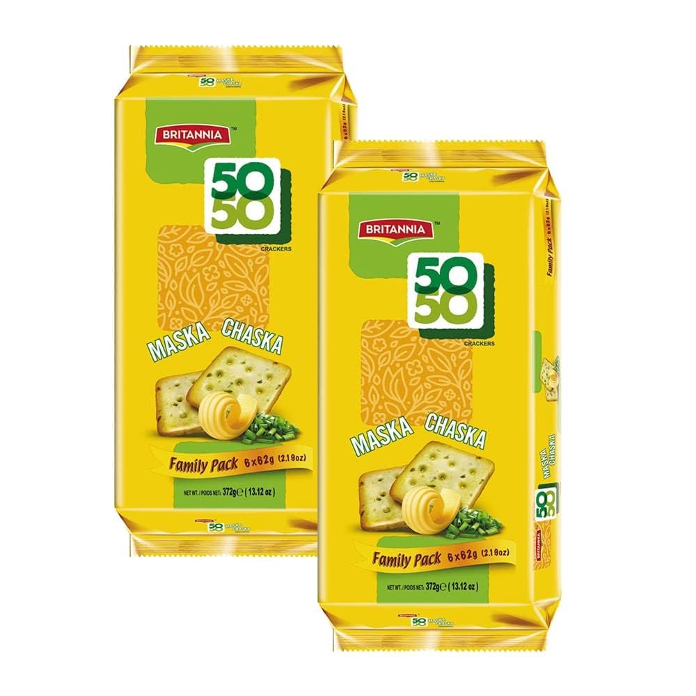 BRITANNIA Crackers 50 50 Maska Chaska Biscuit 13.12oz (372g) - Dipped in Butter and Peppered - Delicious, Light & Crispy Cookies (Pack of 2)