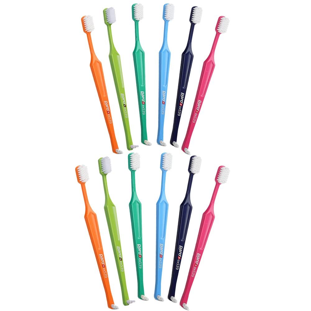 Paro Swiss exS39 Extra Sensitive Toothbrush with Interspace Brush F | Dual Features | Ultra Soft Bristles | Unisex | (12 Pack Multi-Color)