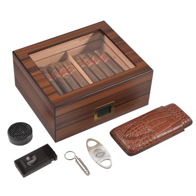CIGAIOL Handcraft Cigar Kits with Cutter and Lighter, Luxurious Humidor Cigar Box Hold 30-50 Cigars 100% Cedar Wood Case with Digital Cigar Hygrometer/Travel humidor