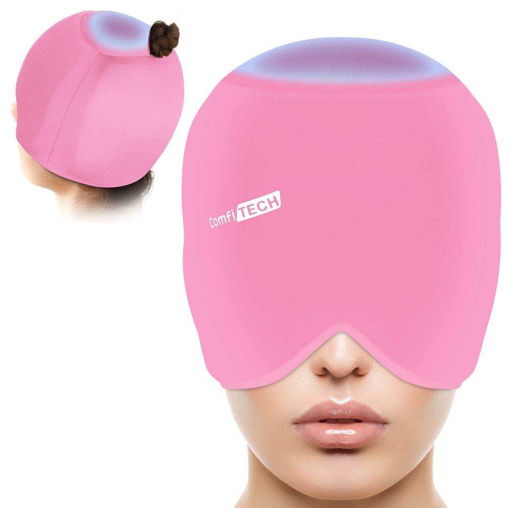 ComfiTECH Head Ice Pack Wrap with Top Coverage Cold Cap Cooling Gel Hat, Pink