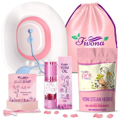 Fivona 6-in-1 Yoni Steam Kit for Women, Steaming Herbs Pink Magic, Expandable V Steam Seat, Yoni Oil, Gentle Soap, Hand Pump, Storage Bag - Cleansing, Moisturizing, pH Balance, Natural Yoni Detox