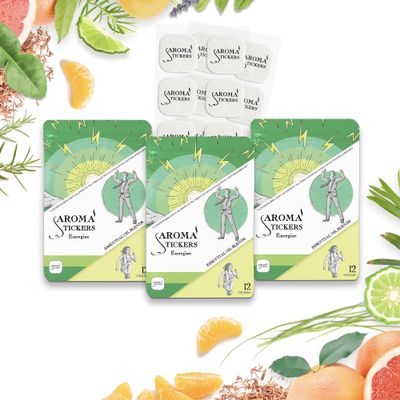 AROMA STICKERS Original Blend ENERGIZE - 100% Natural Essential Oil Scented Diffuser Sticker - Aromatherapy for Personal Space - Towels, Blankets, Face Mask & Pillow (Pack of 3, 36 Stickers Total)