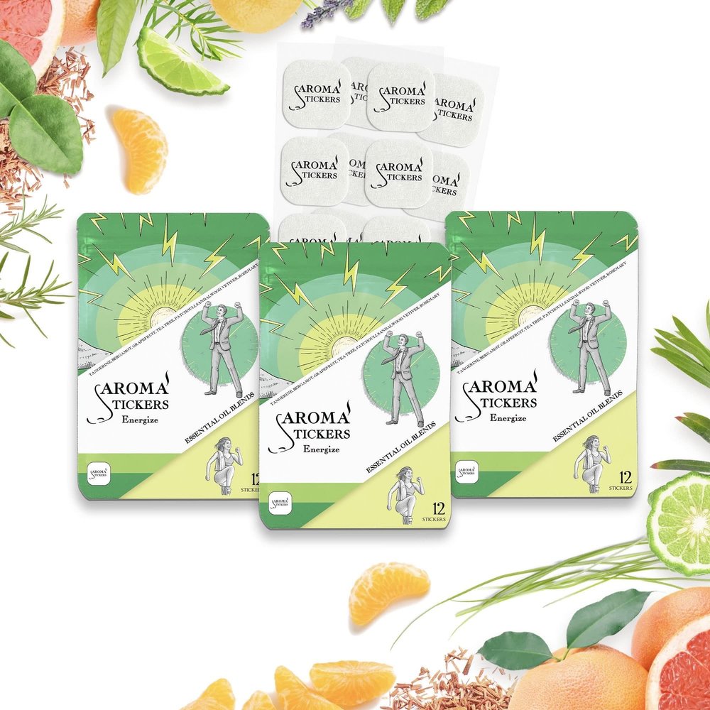 AROMA STICKERS Original Blend ENERGIZE - 100% Natural Essential Oil Scented Diffuser Sticker - Aromatherapy for Personal Space - Towels, Blankets, Face Mask & Pillow (Pack of 3, 36 Stickers Total)