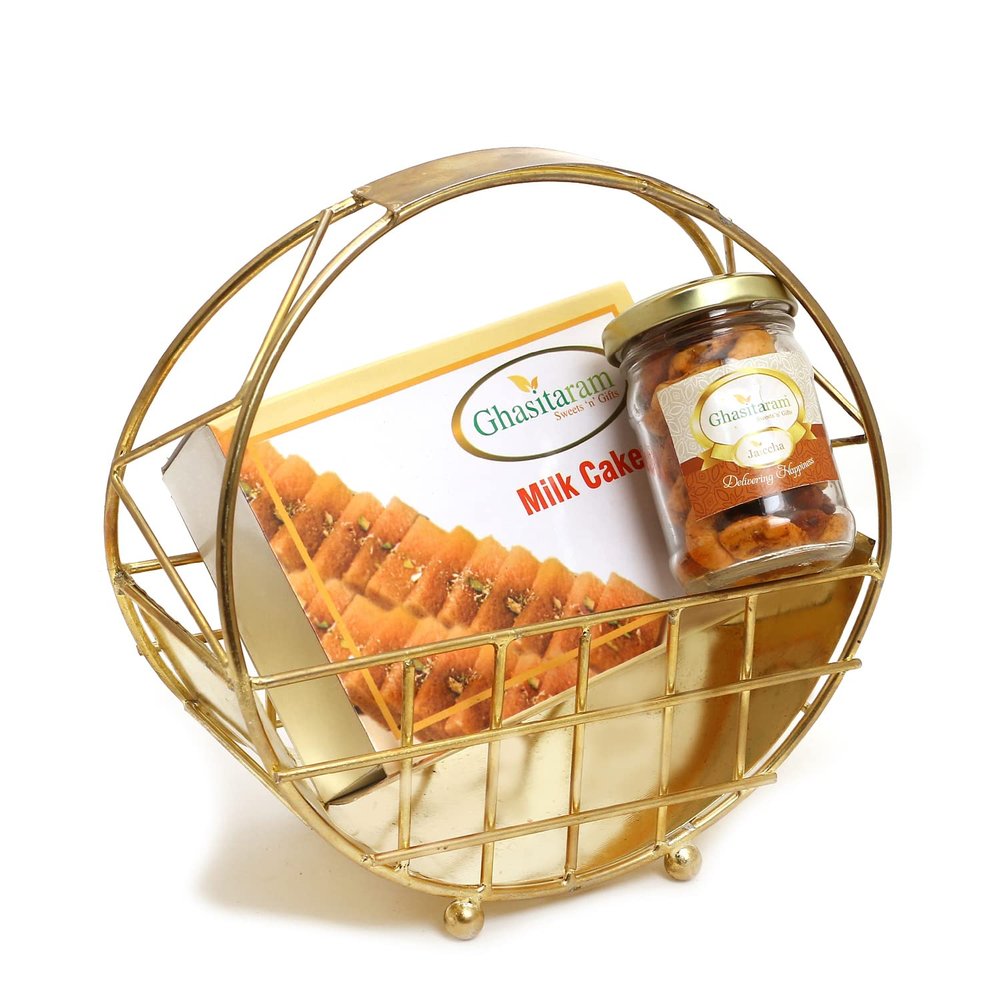 Jaiccha Ghasitaram Half Moon Metal Basket of Mix Dryfruits, Milk Cake |Gift for Diwali Gifts,Holi,Rakhi,Valentine,Christmas,Birthday,Anniversary,Her,Him|