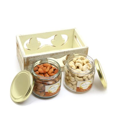 Jaiccha Ghasitaram White Wooden Tray of 2 Jars of Cashews and Almonds|Gift for Diwali Gifts,Holi,Rakhi,Valentine,Christmas,Birthday,Anniversary,Her,Him|