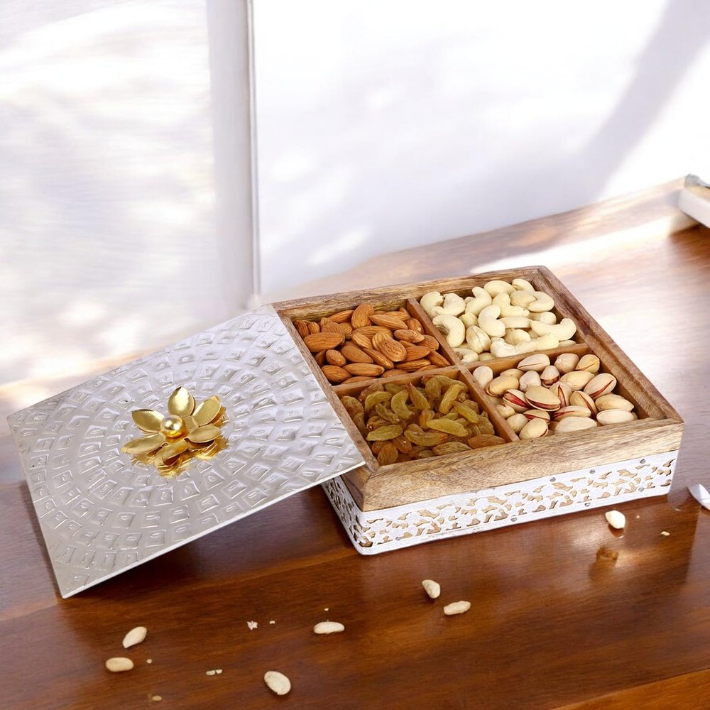Jaiccha Ghasitaram Wooden Metal Box of 4 Dryfruits|Gift for Diwali Gifts,Holi,Rakhi,Valentine,Christmas,Birthday,Anniversary,Her,Him|