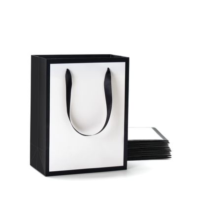 YACEYACE White and Black Gift Bags - 10Pcs Medium Size 8"x4.25"x10.5" Paper Bags With Ribbon Handles for Parties, Birthdays, Weddings