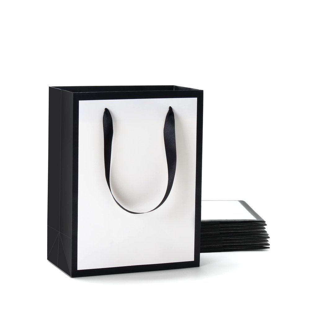 YACEYACE White and Black Gift Bags - 10Pcs Medium Size 8"x4.25"x10.5" Paper Bags With Ribbon Handles for Parties, Birthdays, Weddings