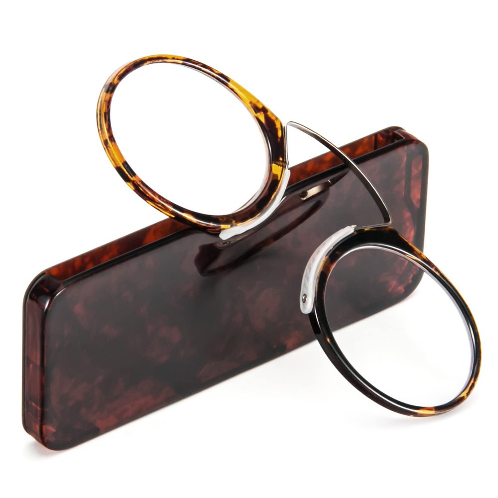 REAVEE Ultra Thin Armless Reading Glasses for Men Women, No Temple Pinch Nose Clip on Readers Small Pocket with Mini Portable Case, Tortoise +1.0