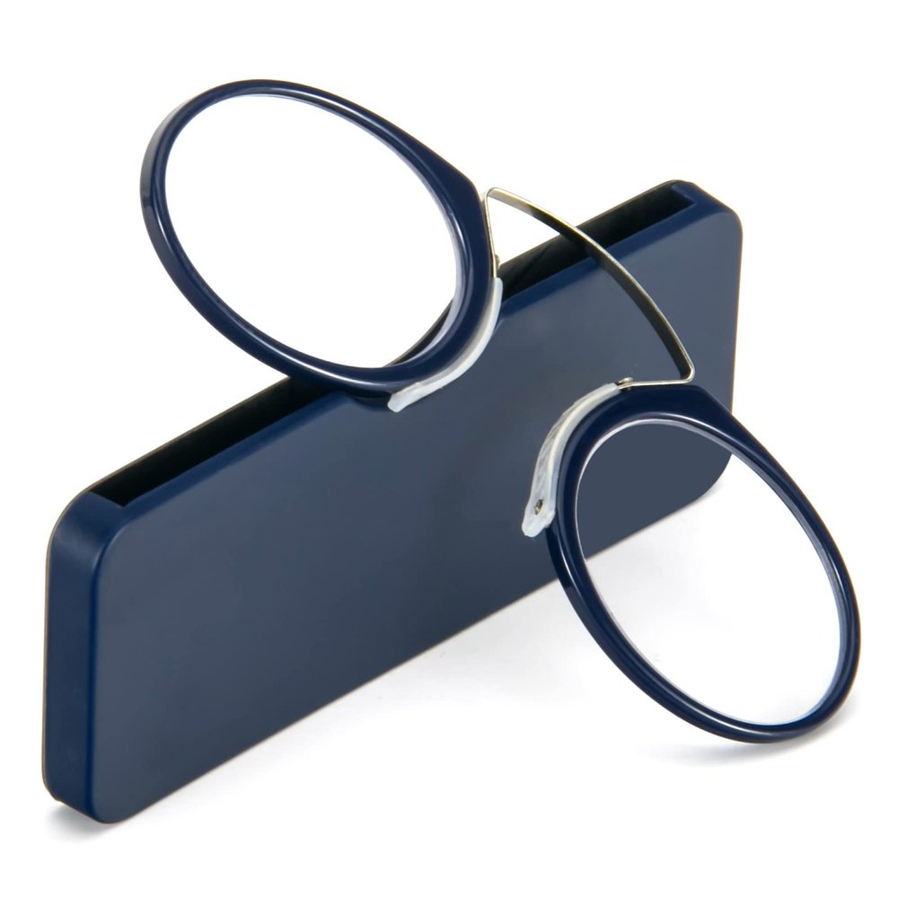 REAVEE Ultra Thin Armless Reading Glasses for Men Women, No Temple Pinch Nose Clip on Readers Small Pocket with Mini Portable Case, Blue +3.5