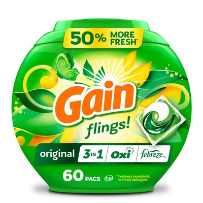 Gain Flings Laundry Detergent Pacs, 60 Count, Original Scent, with Odor Defense, concentrated laundry soap pacs