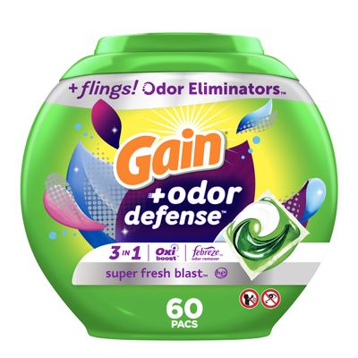 Gain Flings Laundry Detergent Pacs with Odor Defense, 60 Count, Super Fresh Blast Scent, HE 3in1 Detergent Pacs with Febreze and Oxi