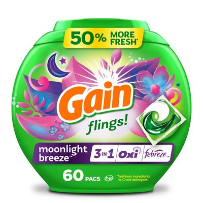Gain Flings Laundry Detergent Pacs, 60 Count, Moonlight Breeze Scent, with Odor Defense, concentrated laundry soap pacs