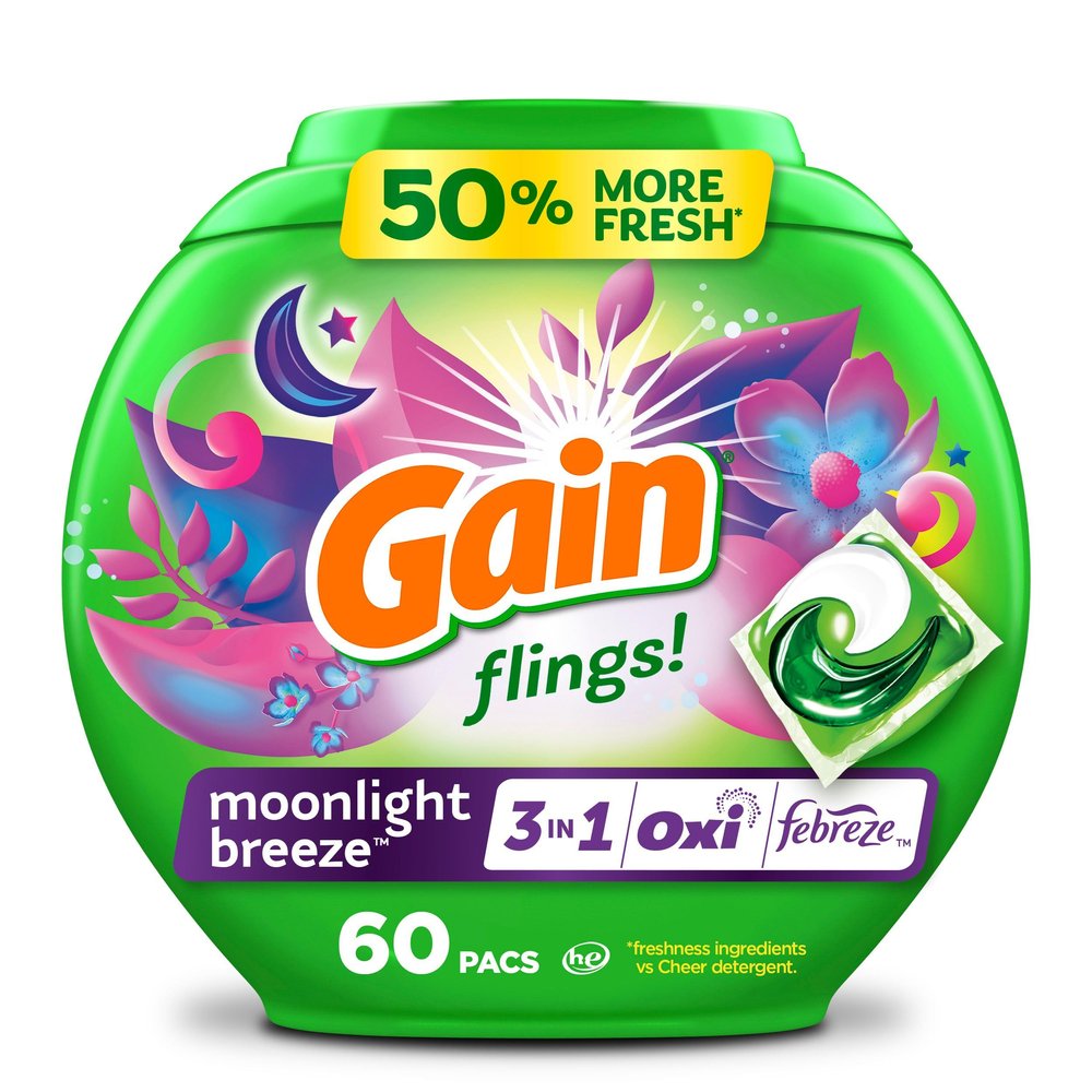 Gain Flings Laundry Detergent Pacs, 60 Count, Moonlight Breeze Scent, with Odor Defense, concentrated laundry soap pacs